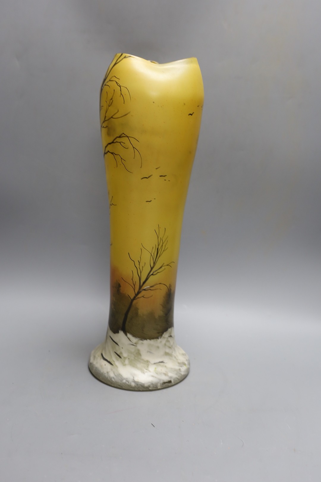 A large Legras enamelled ‘Winter landscape’ glass vase 41cm